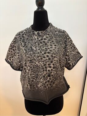 All Saints Grey Leopard-Print Short Sleeve Top with Studs